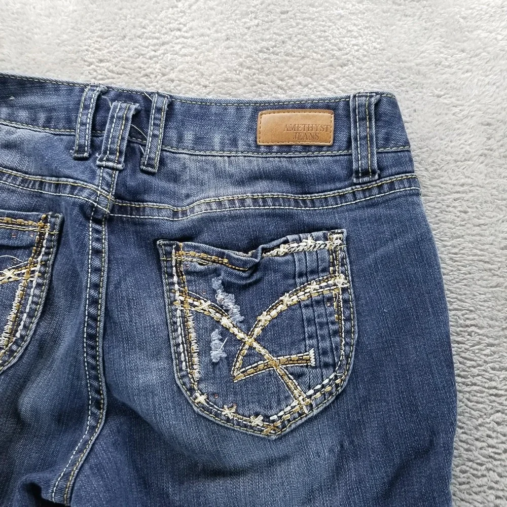 Amethyst Jeans Womens 7 Blue Bootcut Low Rise Distressed Embroidered Stretch Y2K